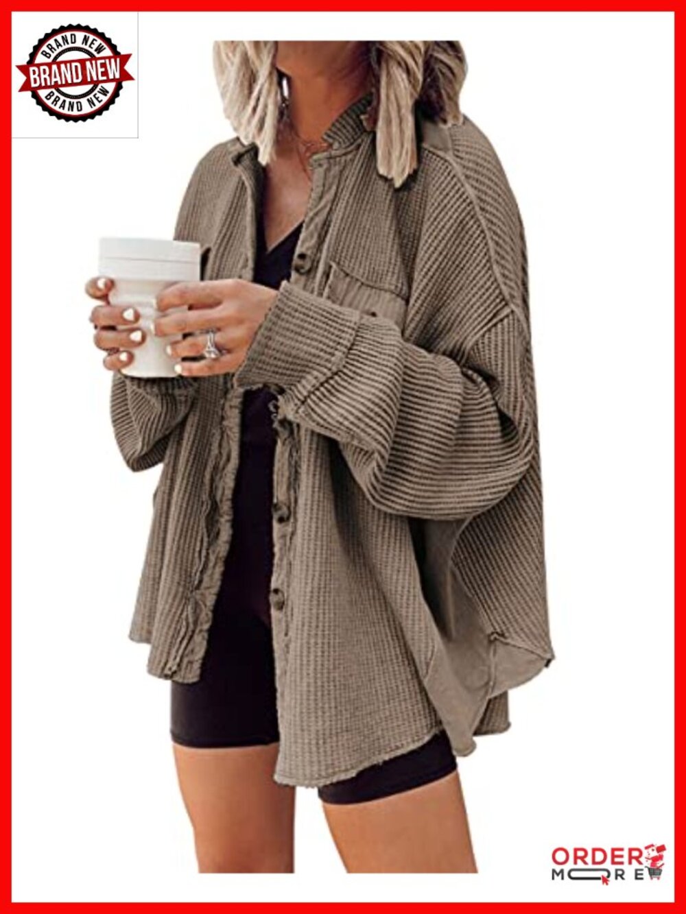 Waffle Knit Batwing Sleeve Button Down Shacket Oversized Boyfriend Shirt